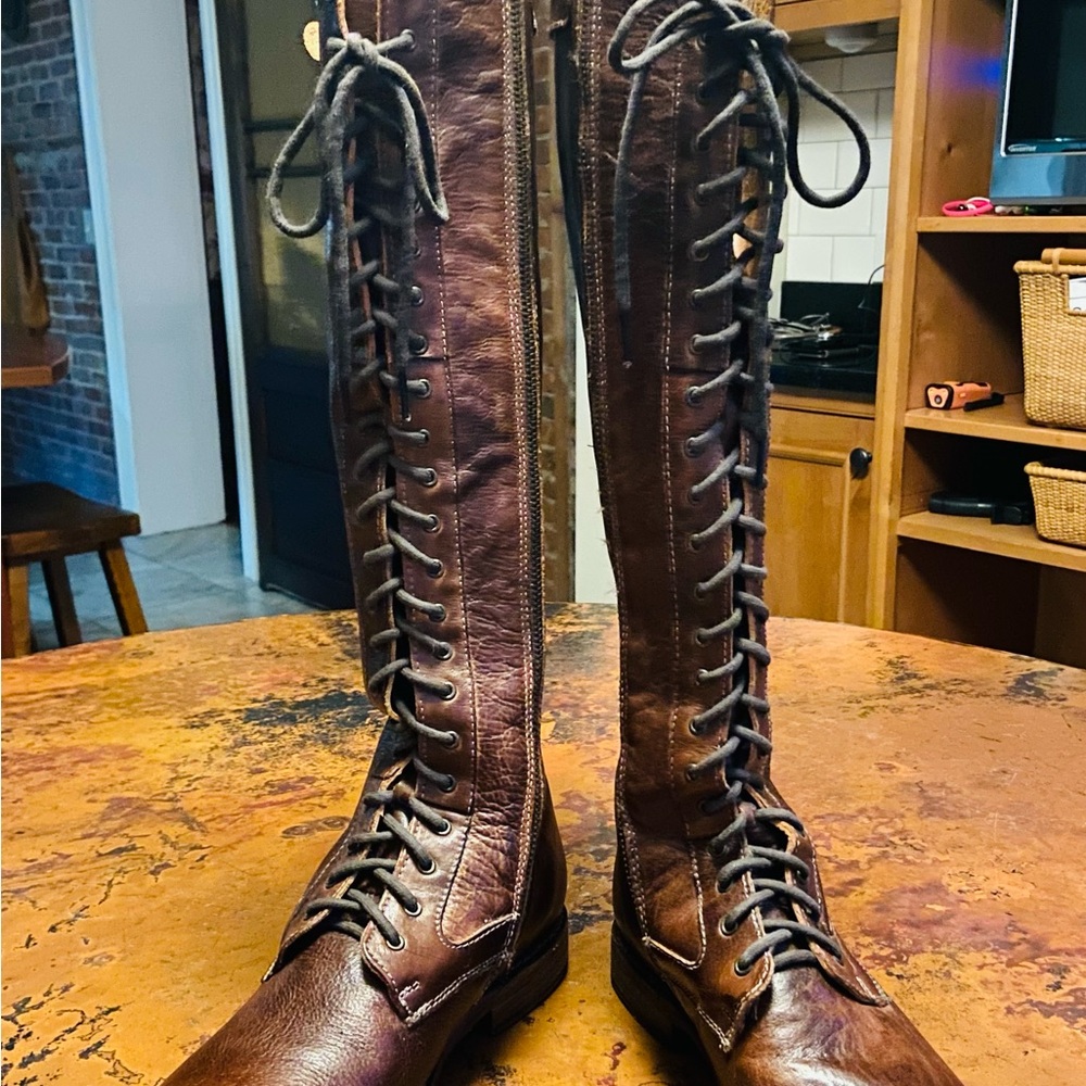 Bed|Stu Knee High Lace-Up Women's Leather Boots - Brown - Size 8